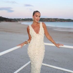 Carena creme plunge floral appliqué maxi dress